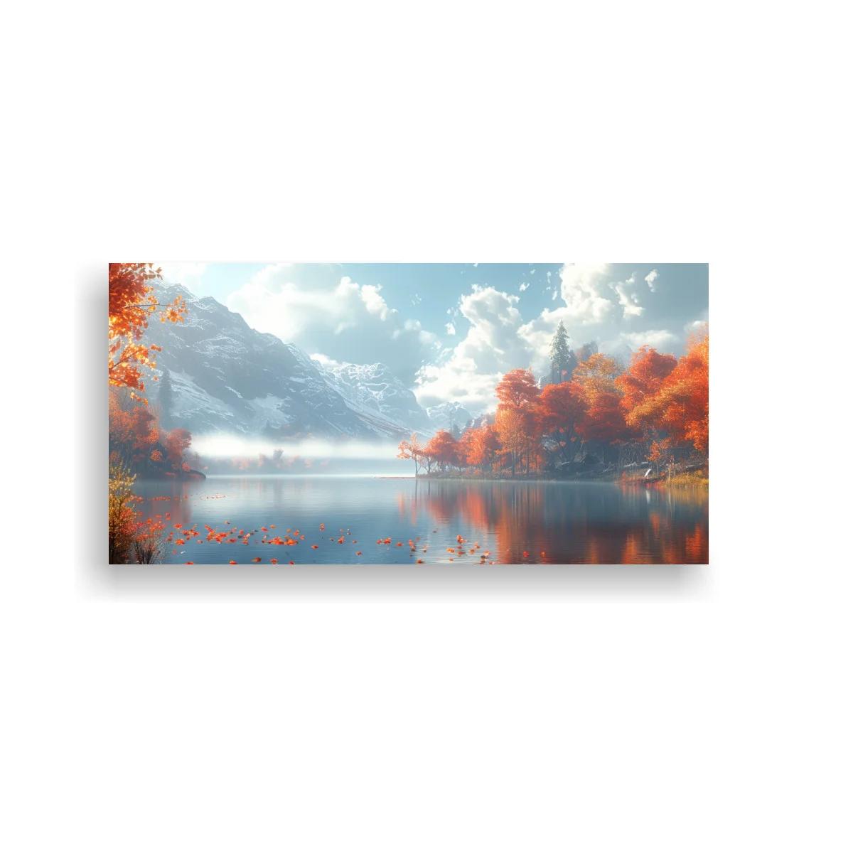 Cuadro lago de montaña en otoño con reflejos y hojas rojizas