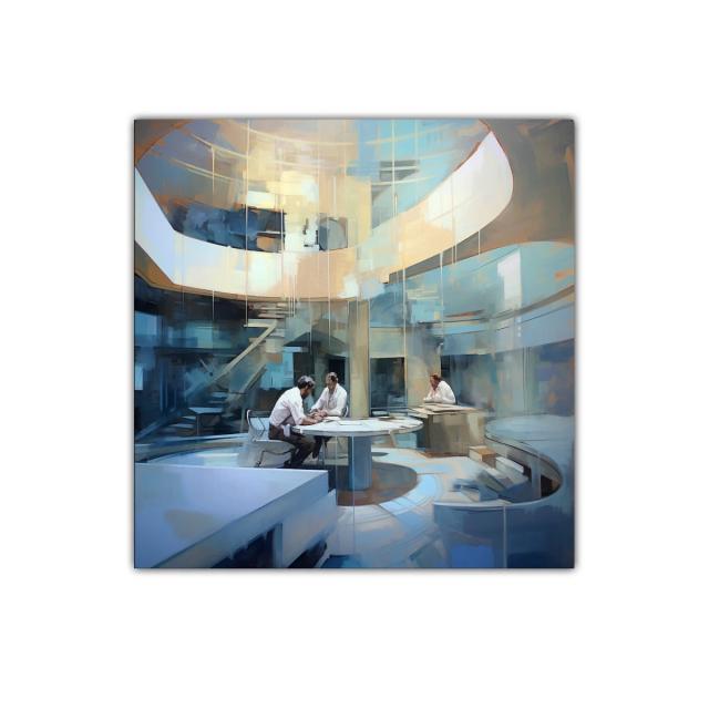 Ambiente laboral futurista con tonos azulados y dorados