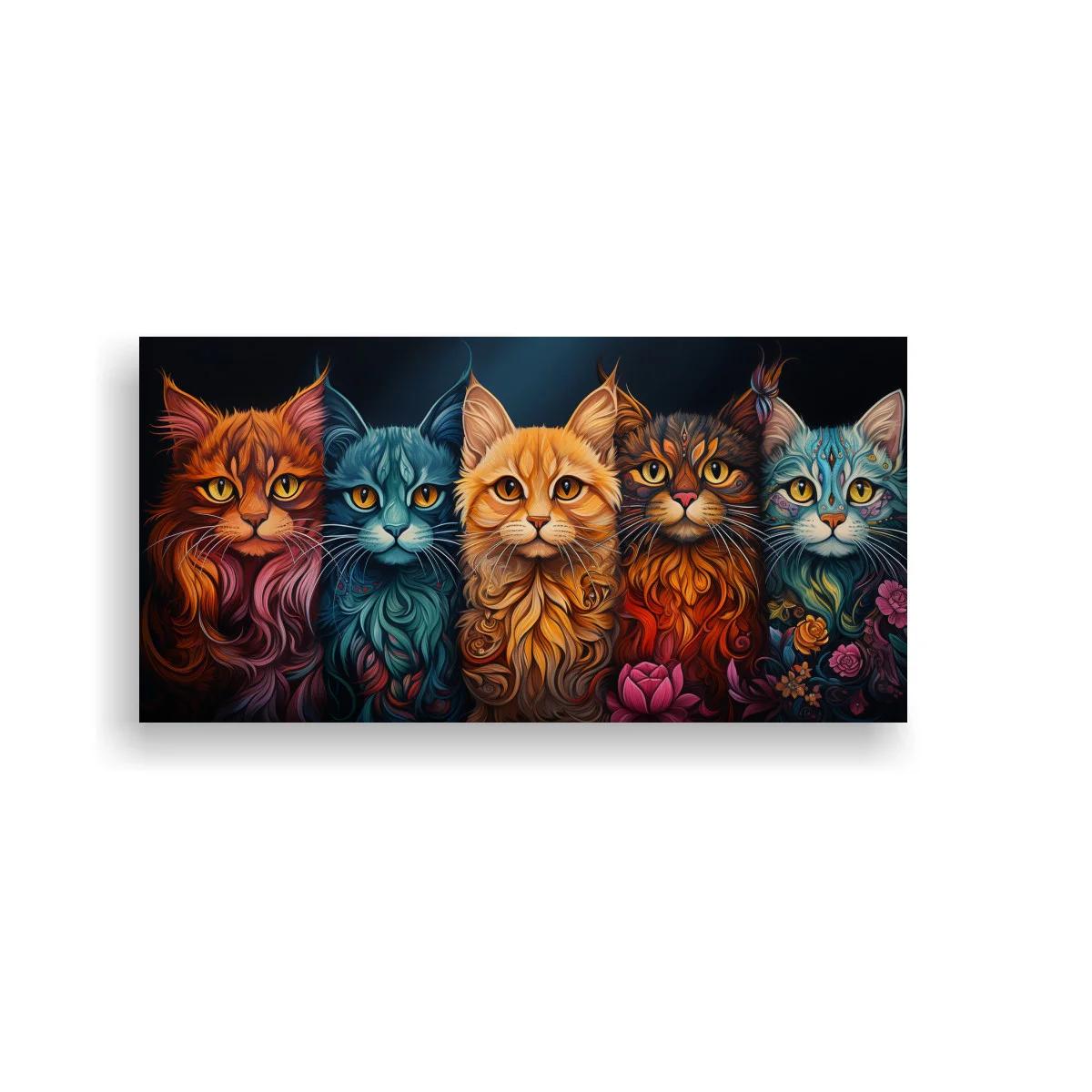 Cuadro grupo de gatos de colores con flores rosadas — imagen principal