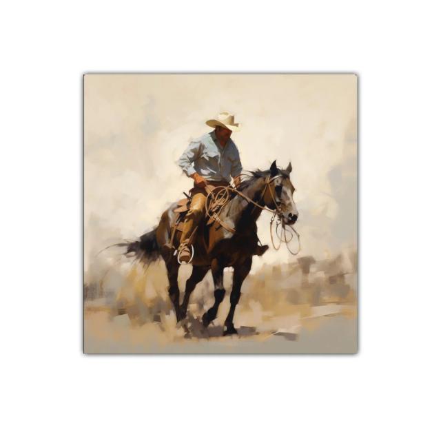 Cuadro decorativo vaquero montando a caballo en tonos tierra
