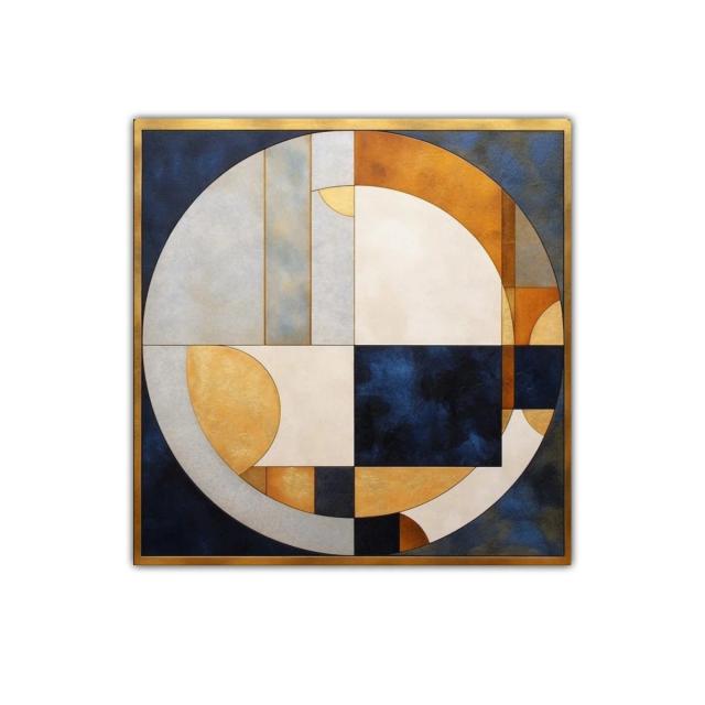 Cuadro abstracto de formas geométricas y tonos dorados y azules