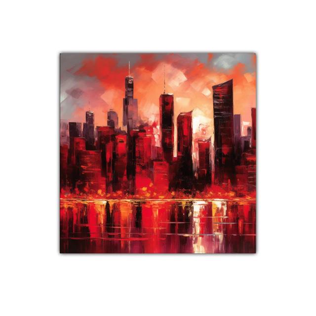 Atardecer urbano vibrante con reflejos intensos en rojo y naranja