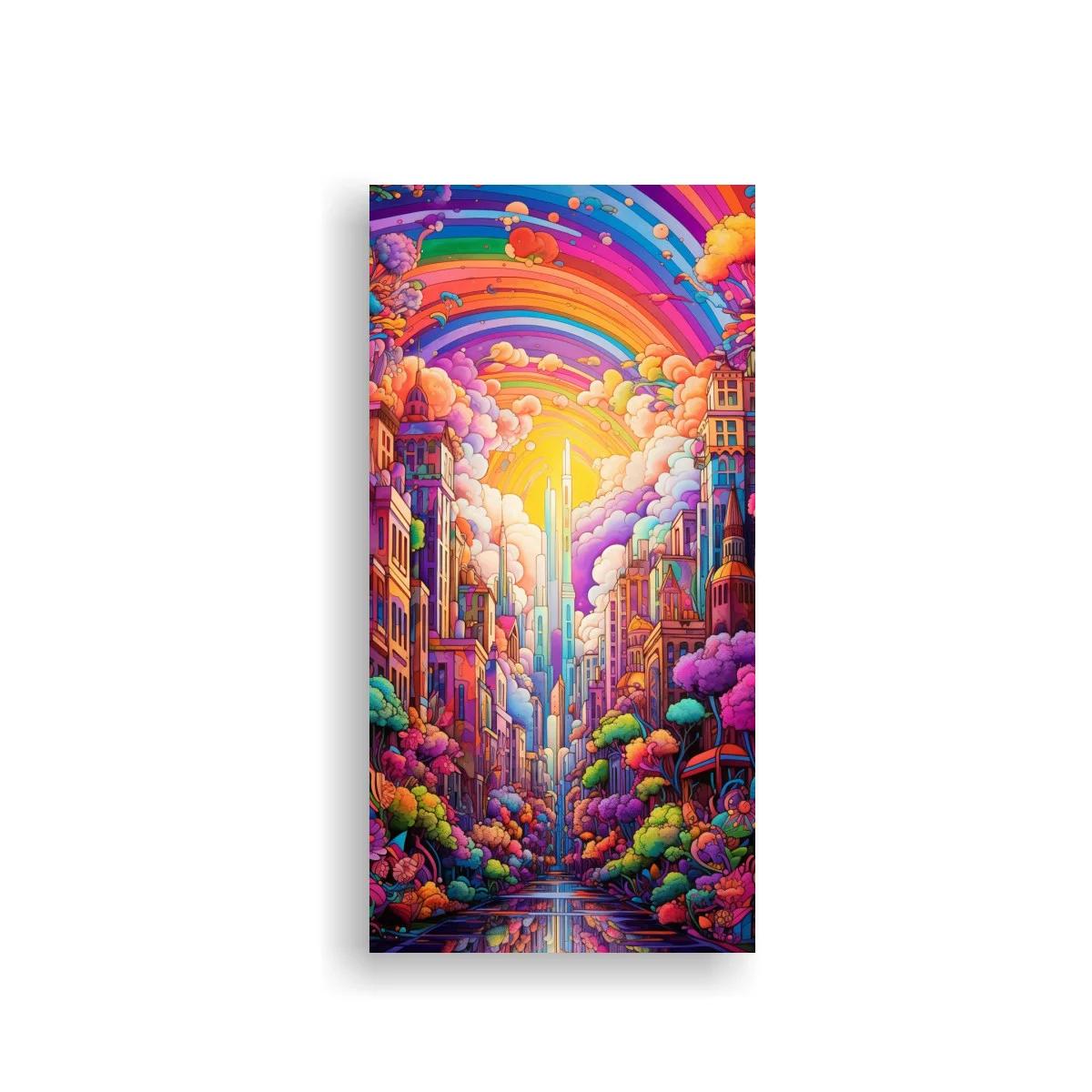 Cuadro ciudad fantástica con arcoíris y canal luminoso — imagen principal