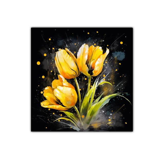 Cuadro con flores amarillas vibrantes sobre fondo oscuro