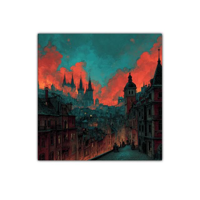 Ciudad antigua iluminada por un cielo crepuscular