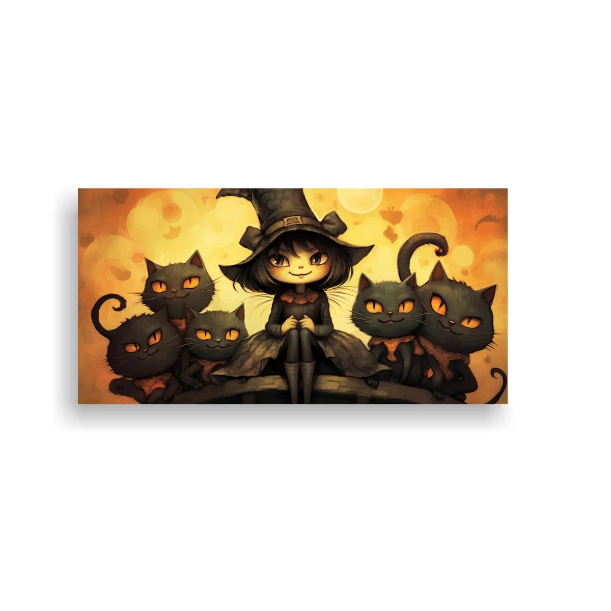 Cuadro bruja niña con gatos y luna