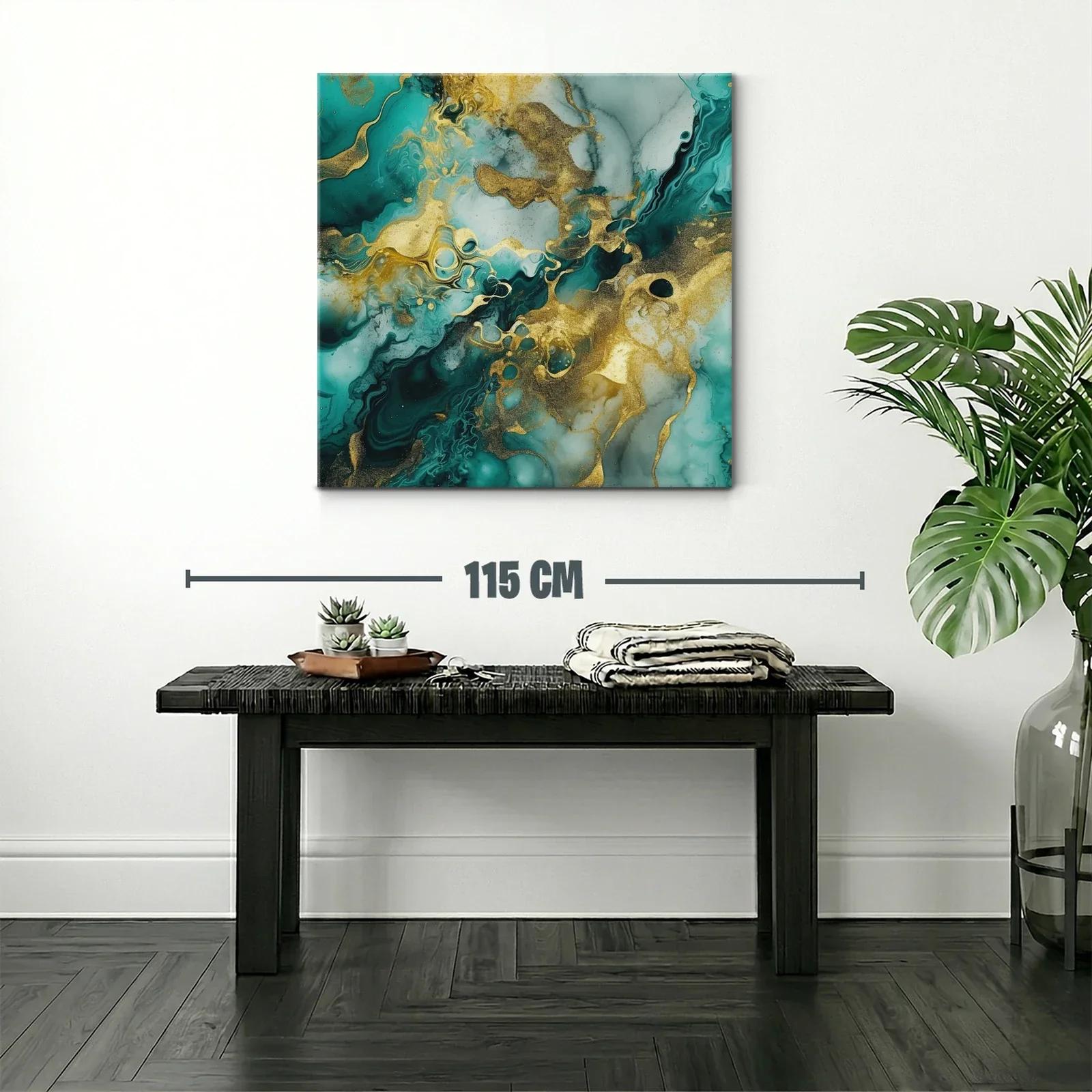 Cuadro abstracto con dorado y tonos verdes marinos vibrantes — miniatura 2