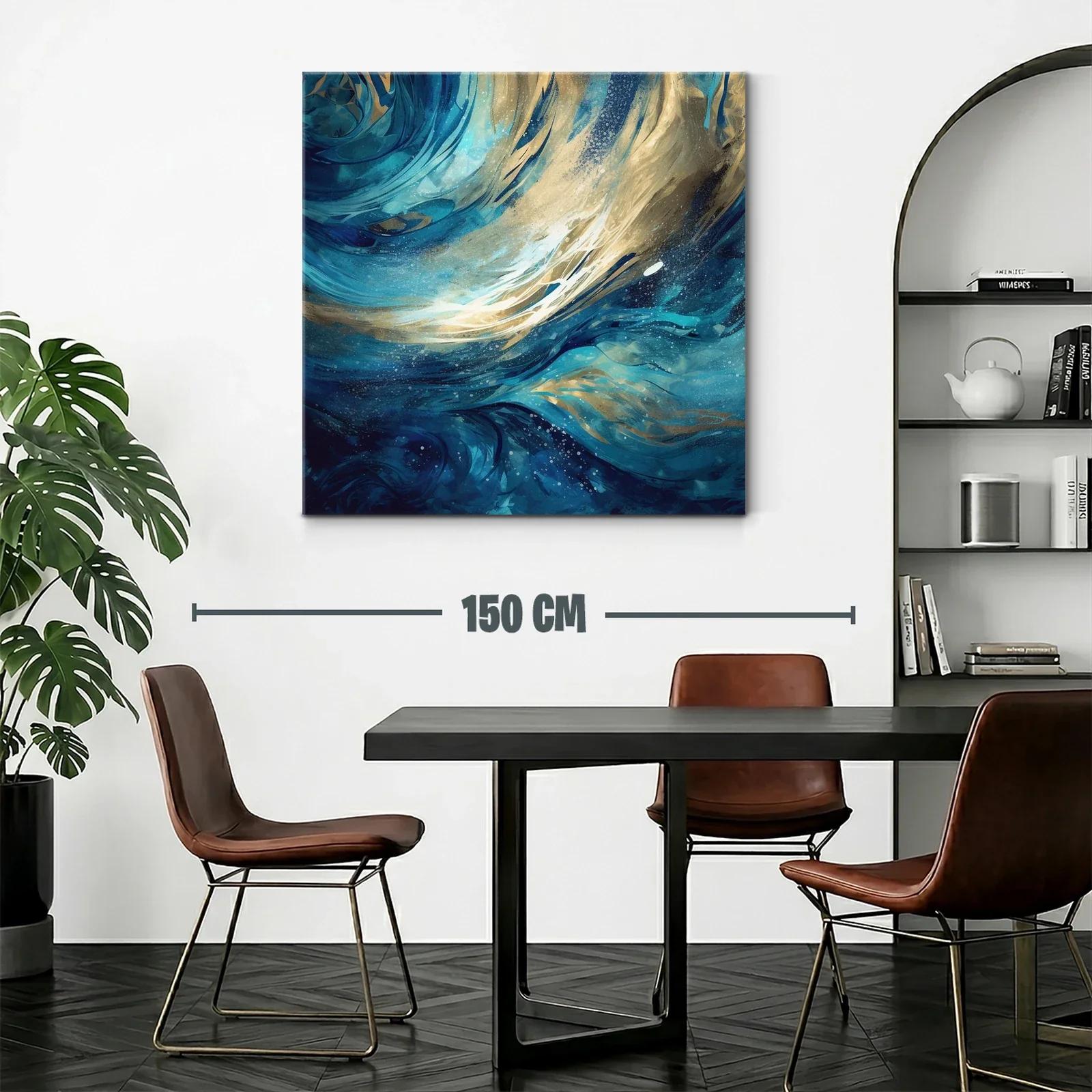 Cuadro abstracto con ondas dinámicas en tonos azul y dorado — miniatura 2
