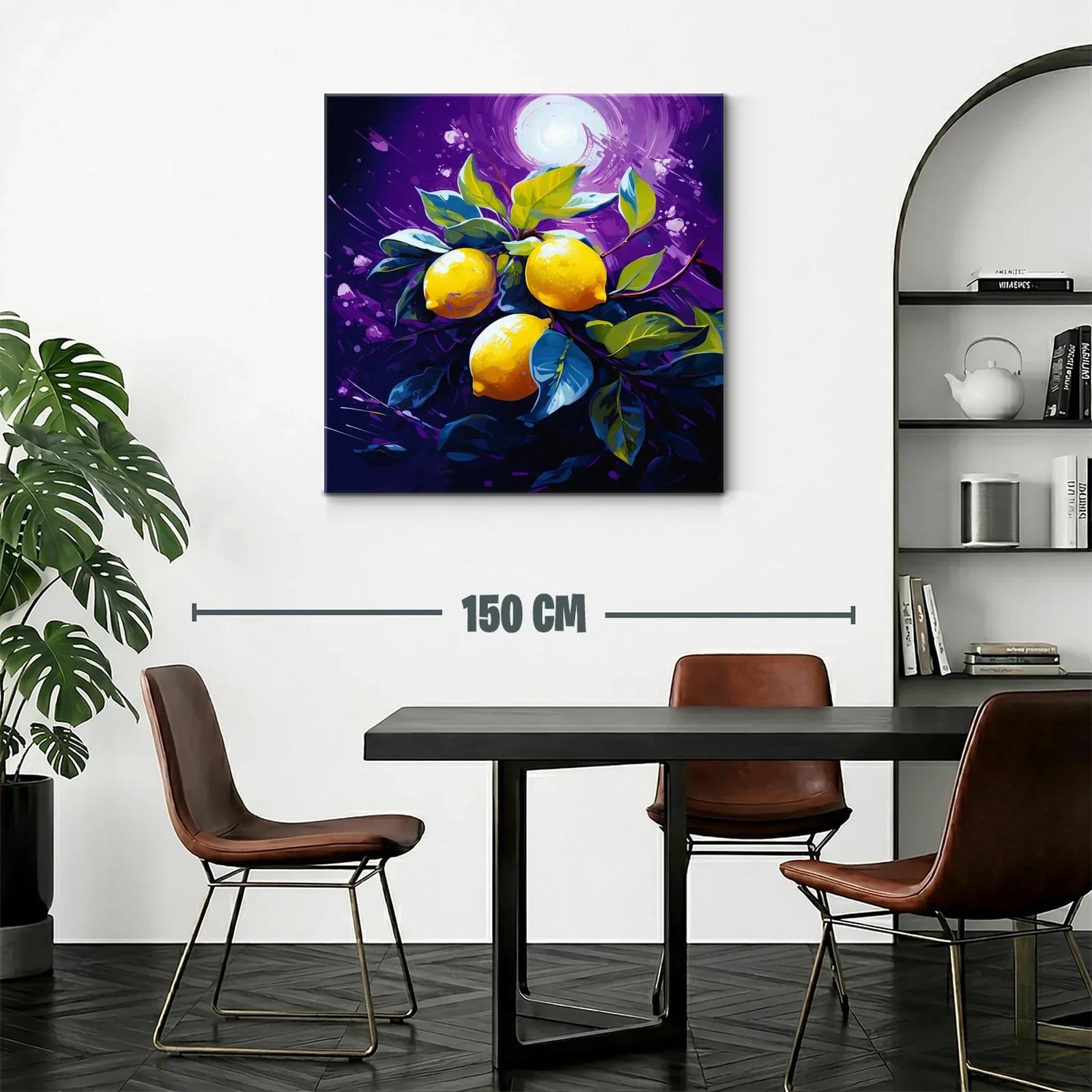 Cuadro vibrante con limones y hojas sobre fondo púrpura — miniatura 2