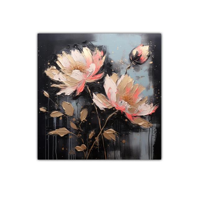 Flores abstractas en tonos dorados y coral sobre fondo oscuro