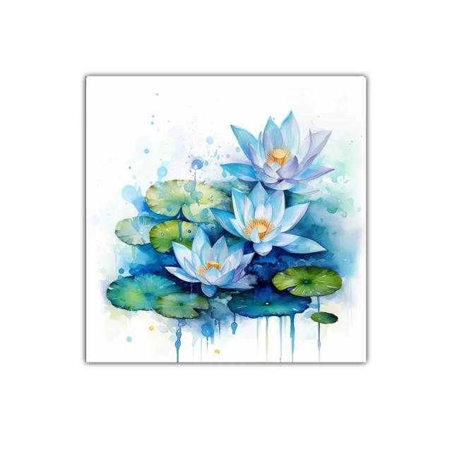 Cuadro decorativo con flores de loto en tonos azules y verdes