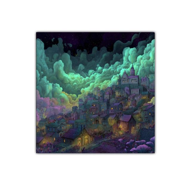 Paisaje nocturno de ciudad en tonos azules y verdes