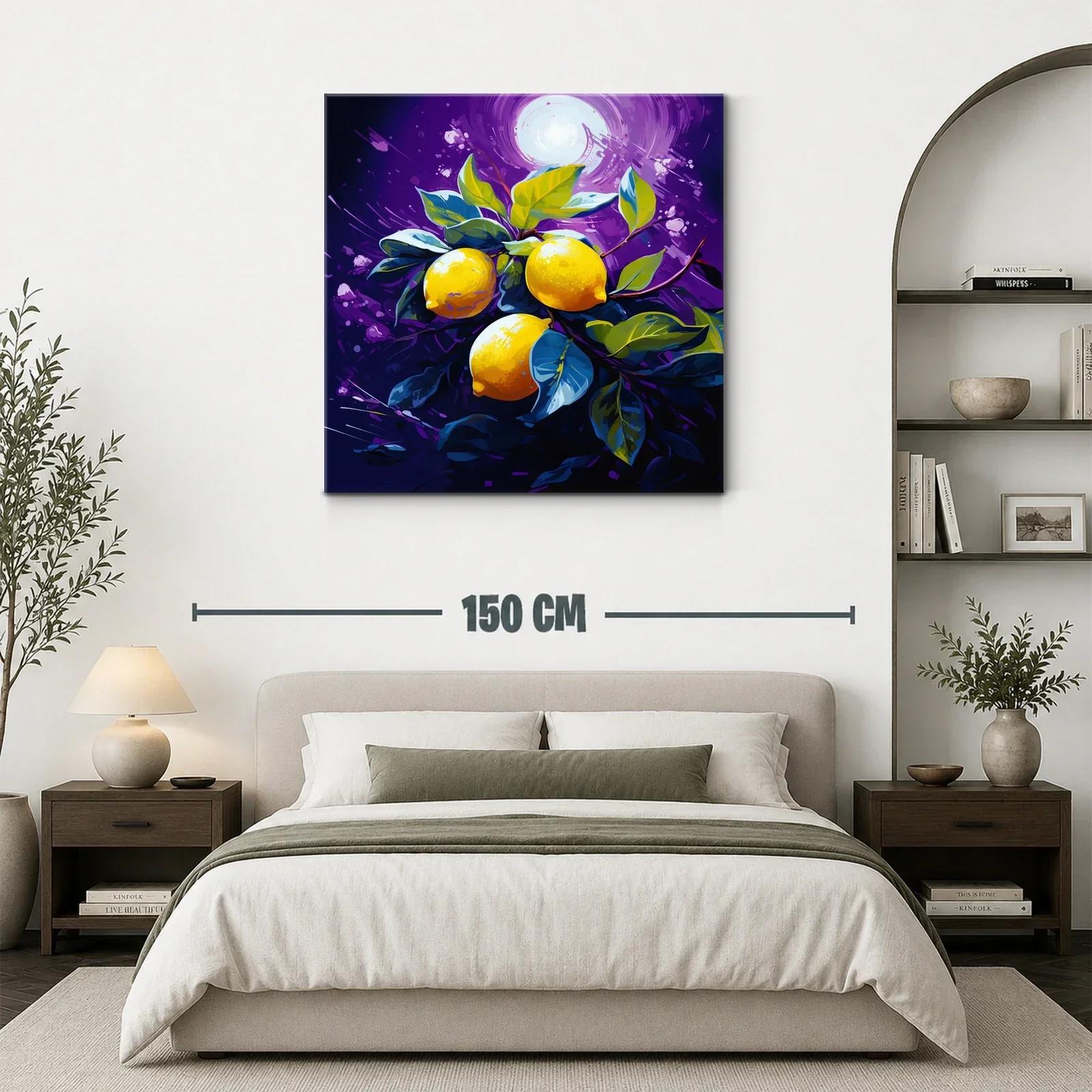 Cuadro vibrante con limones y hojas sobre fondo púrpura — miniatura 3
