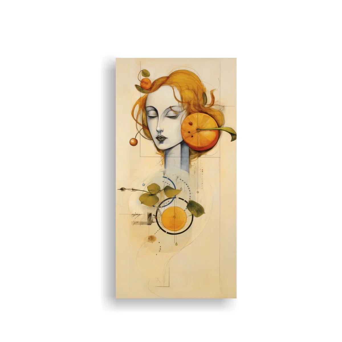 Cuadro mujer con naranjas y ramas delicadas