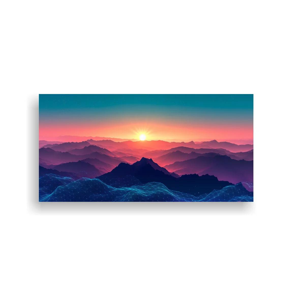 Cuadro paisaje de montañas al atardecer con sol bajo