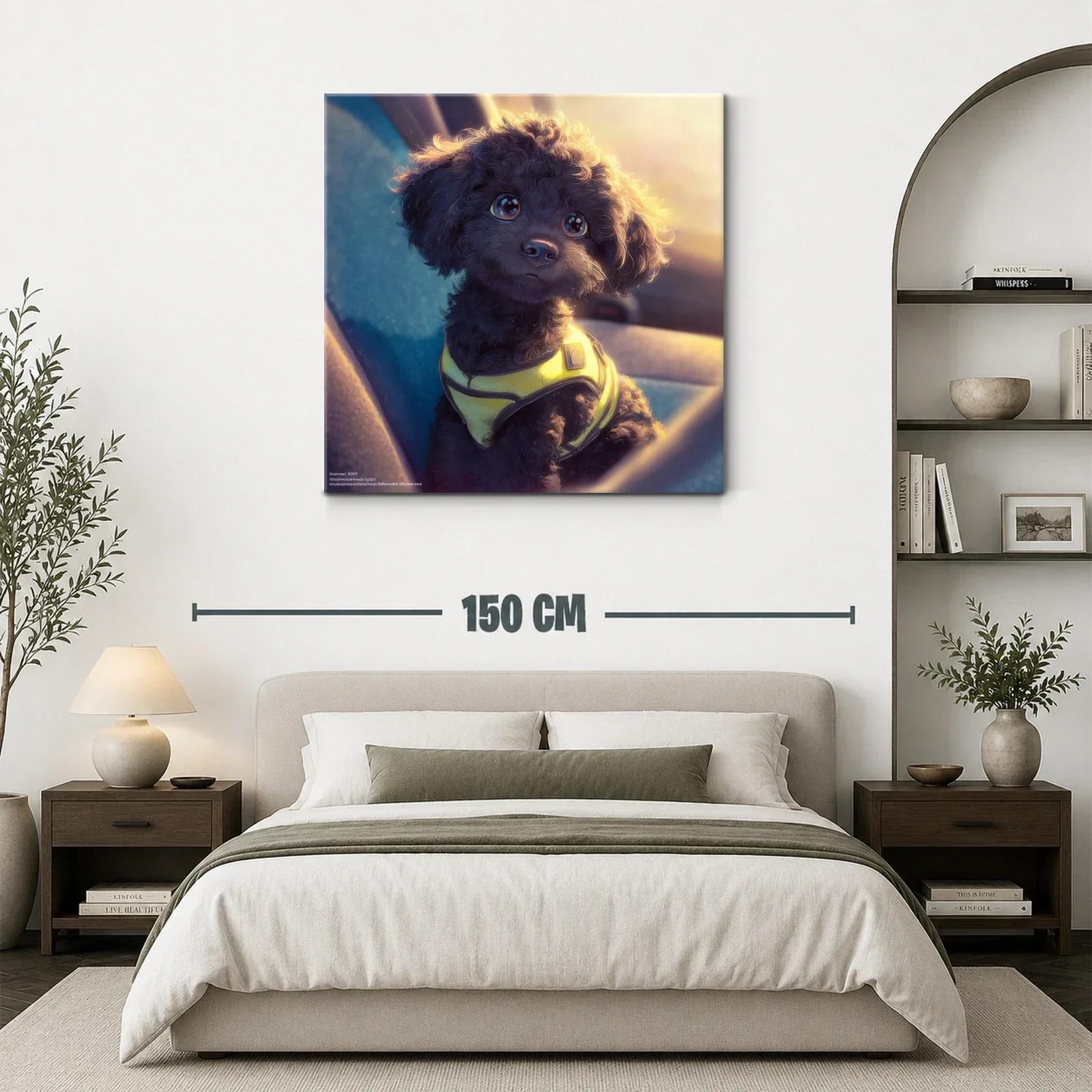 Tierno perro negro con arnés amarillo al atardecer — miniatura 3