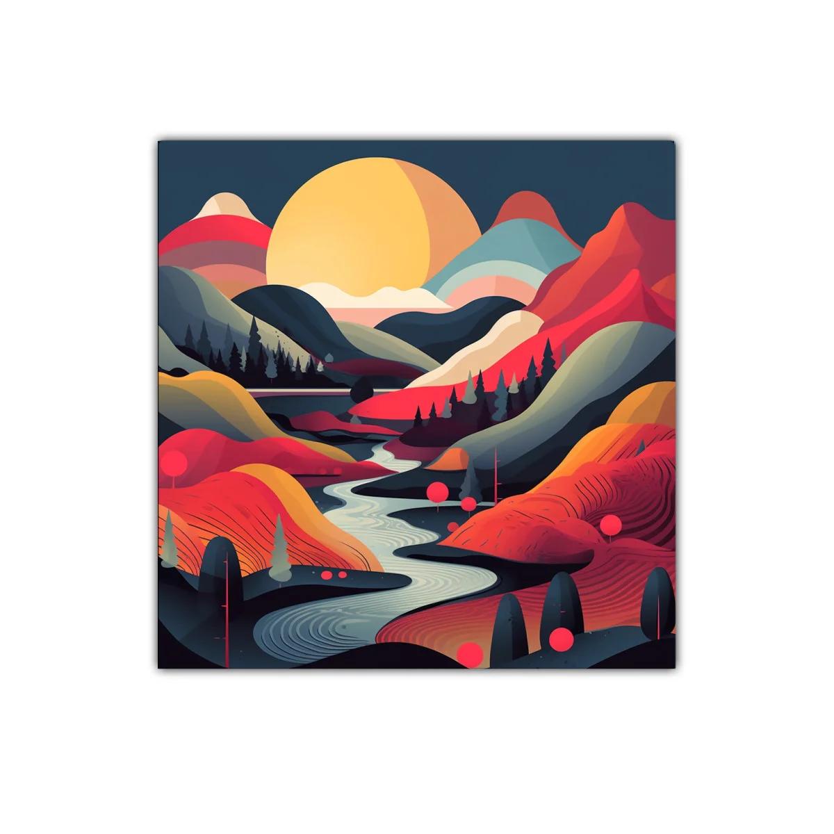 Paisaje vibrante con río y montañas coloridas al atardecer — imagen principal