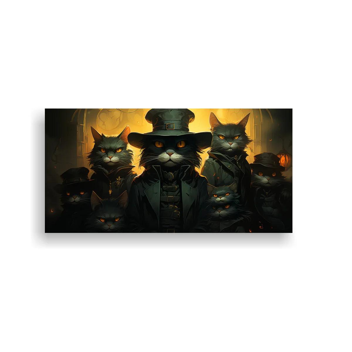 Cuadro grupo de gatos negros con sombreros de copa y contraluz dorado