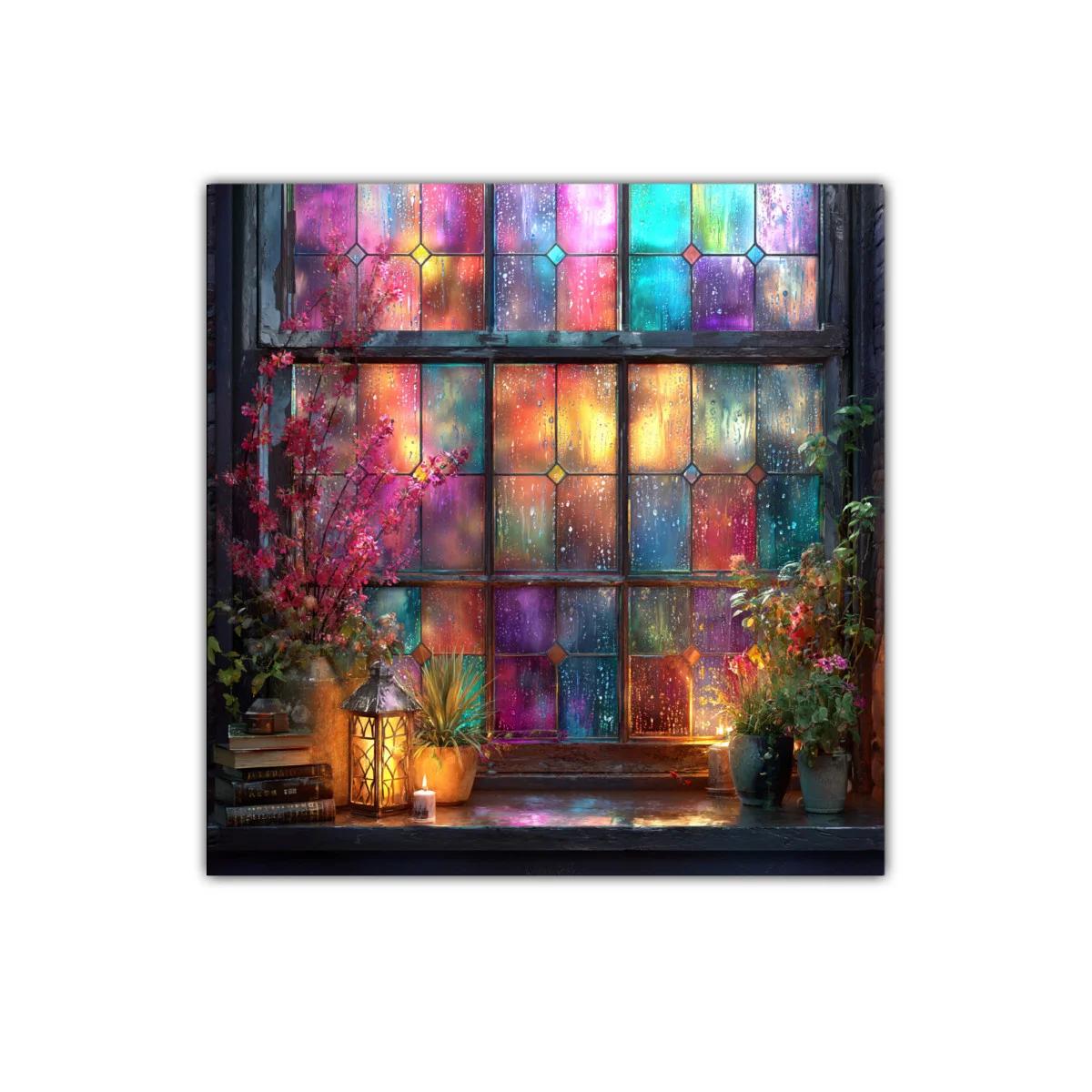 Ventana de colores con lluvia y atmósfera cálida — imagen principal