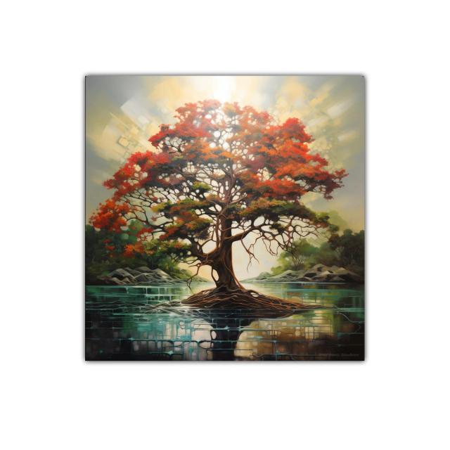 Árbol vibrante con raíces sobre lago sereno