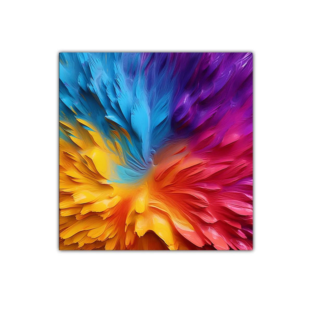 Cuadro abstracto con vibrantes plumas multicolor