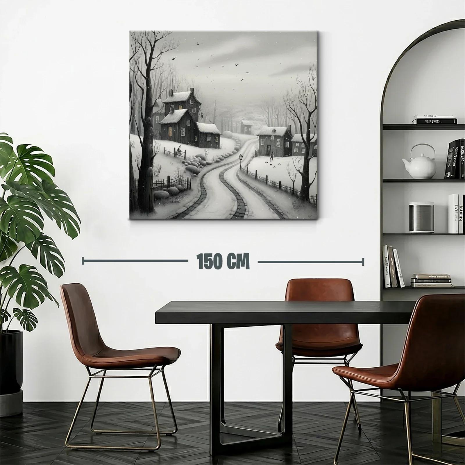 Paisaje invernal con casas y camino nevado en tonos grisáceos — miniatura 2