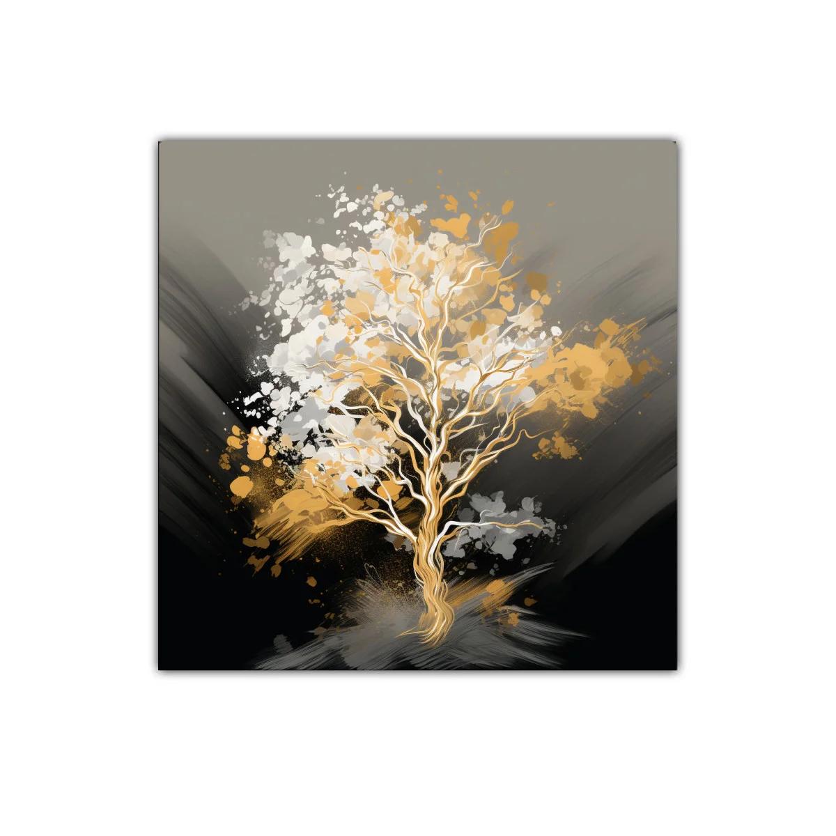 Árbol dorado con pinceladas abstractas en tonos neutros