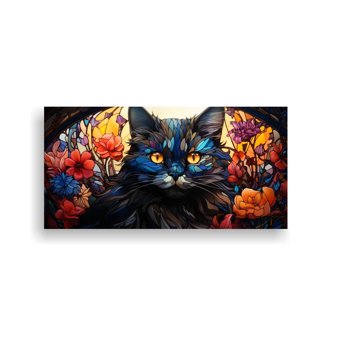 Cuadro gato de pelo largo rodeado de flores y mariposas