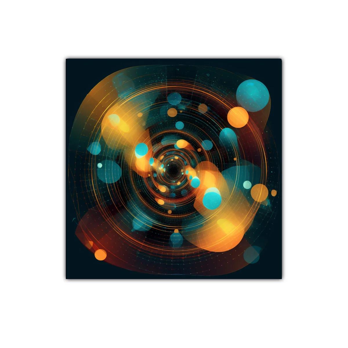 Cuadro abstracto con esferas y patrones circulares vibrantes