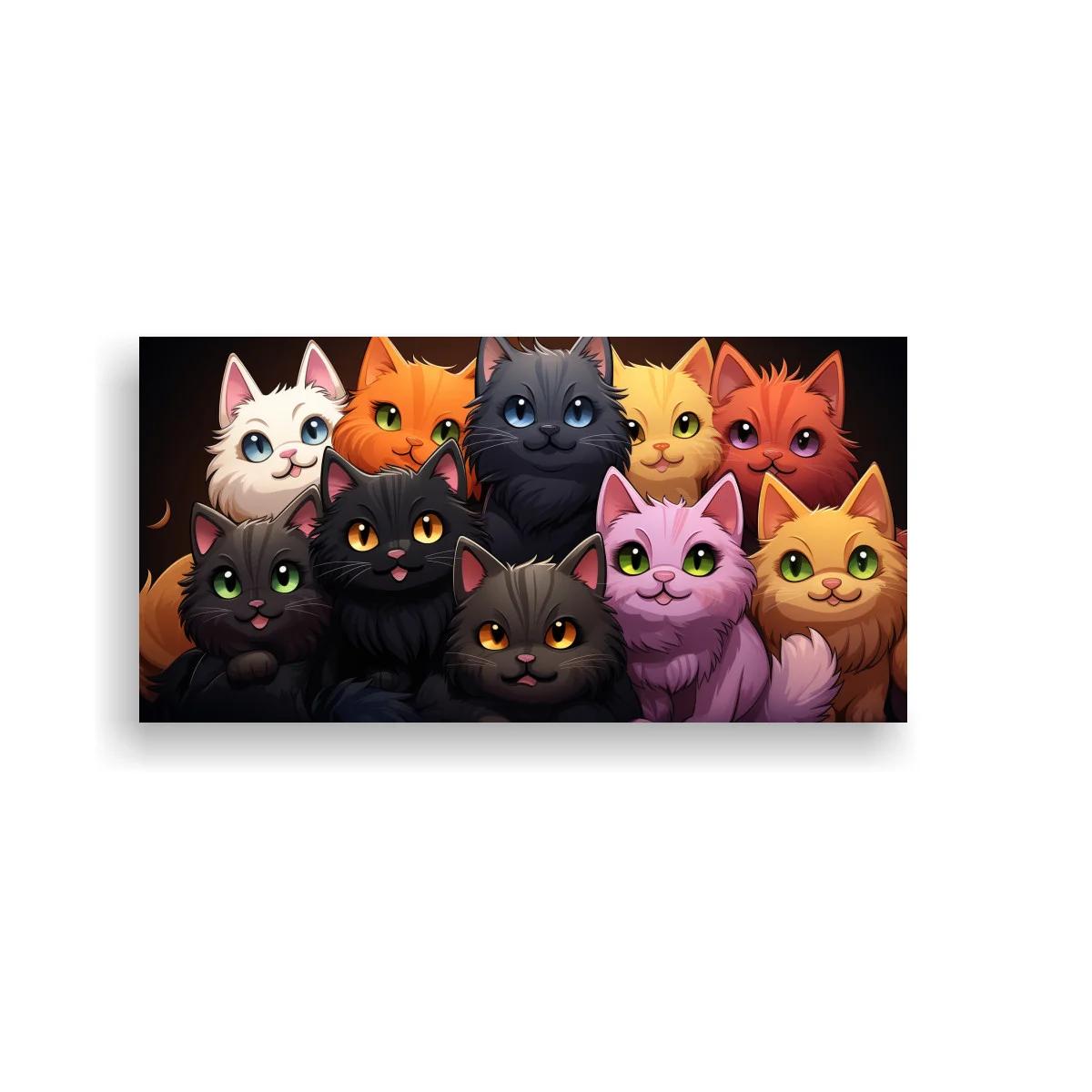 Cuadro grupo de gatos de colores sobre fondo oscuro