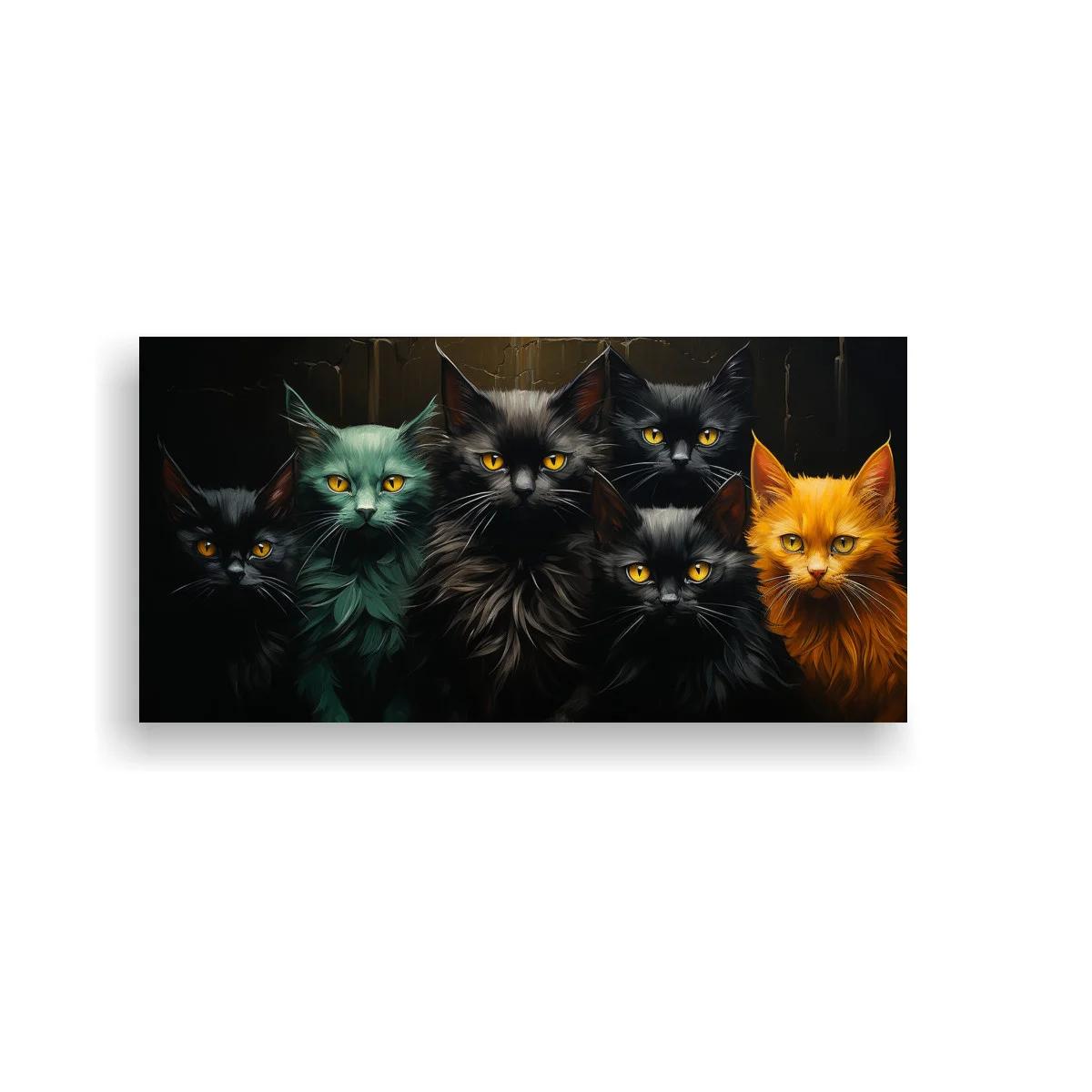 Cuadro grupo de gatos de ojos amarillos emergiendo de la sombra
