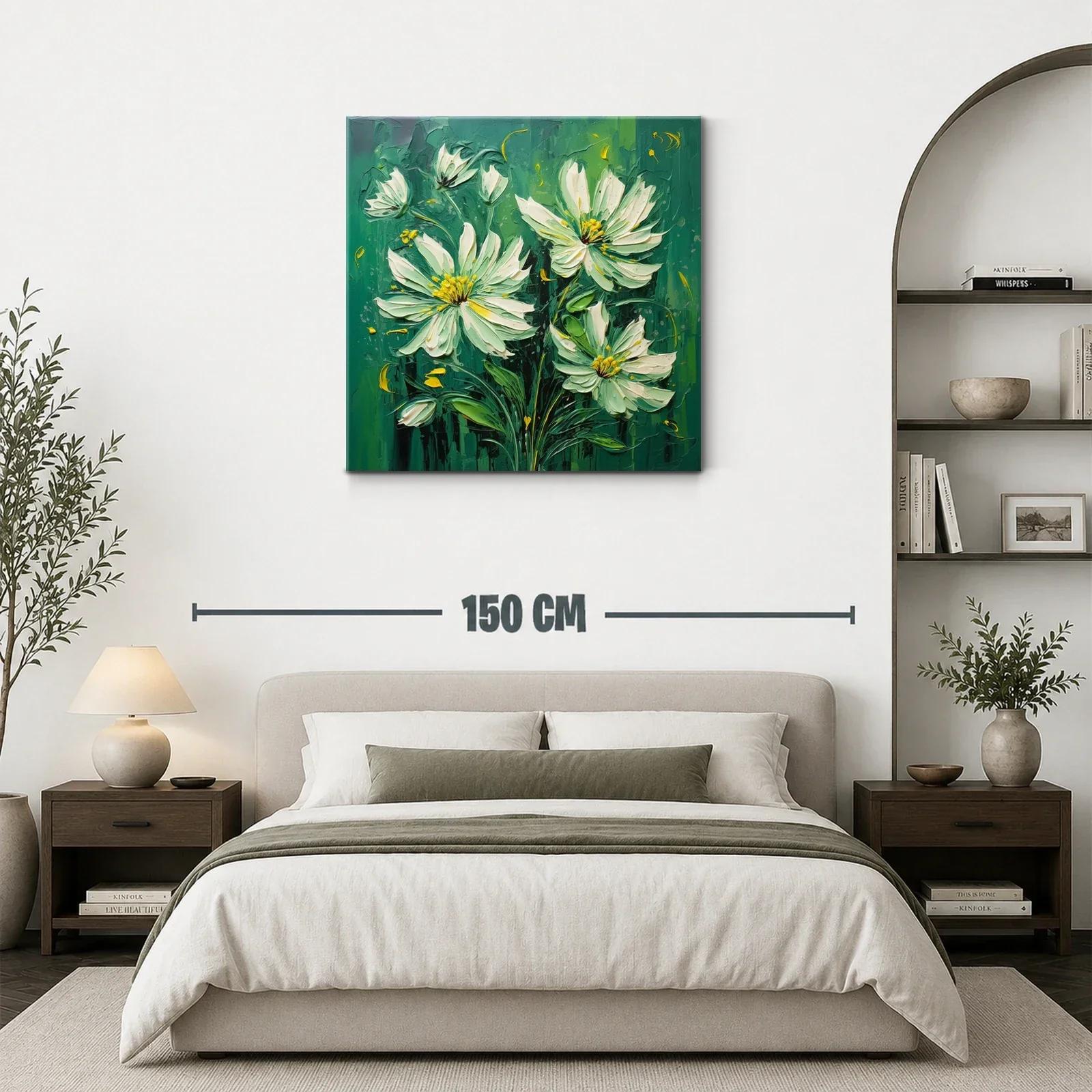 Cuadro flores blancas sobre fondo verde intenso — miniatura 3