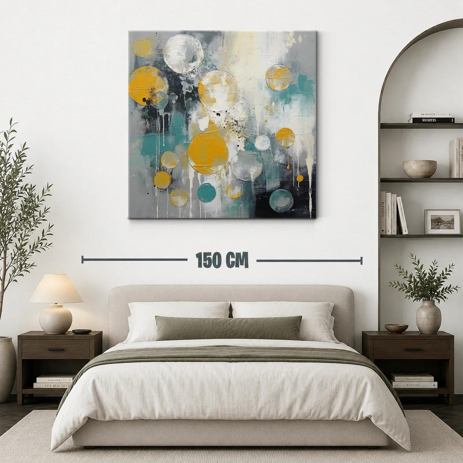 Cuadro abstracto con esferas doradas y tonos azulados — miniatura 3