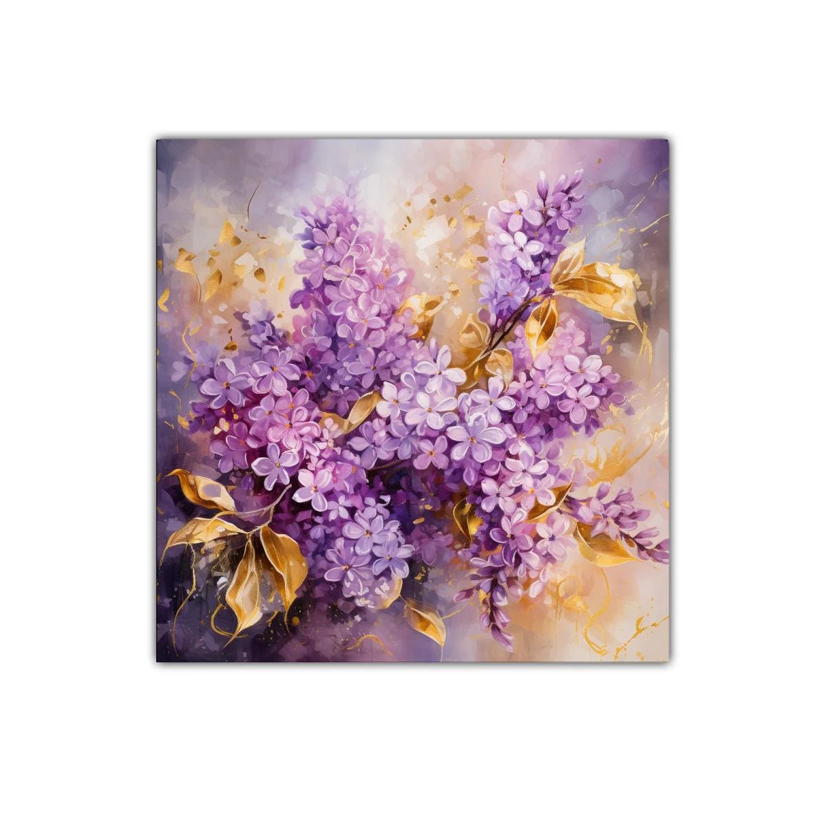 Ramo de flores lilas con detalles dorados y fondo luminoso — imagen principal
