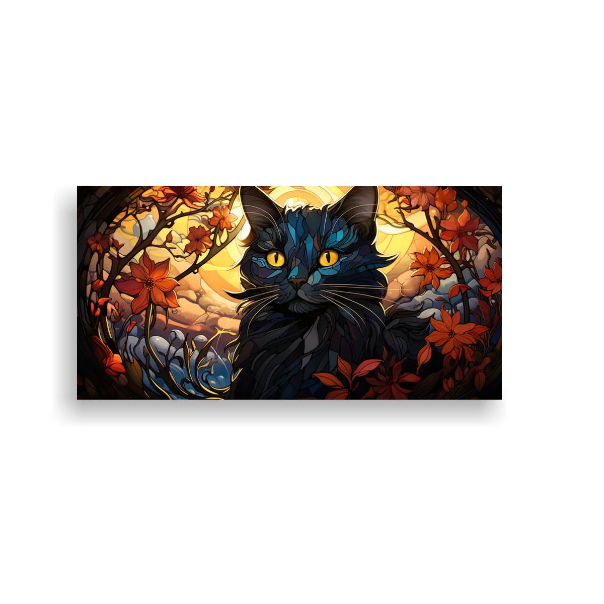 Cuadro gato negro de ojos amarillos entre flores y ramas — imagen principal