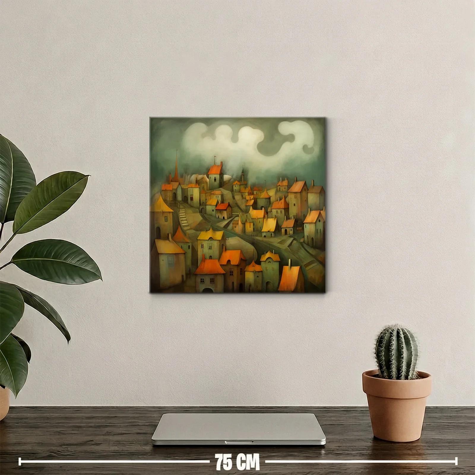 Pueblo Encantado con Tejados Naranjas y Niebla Suave — miniatura 2