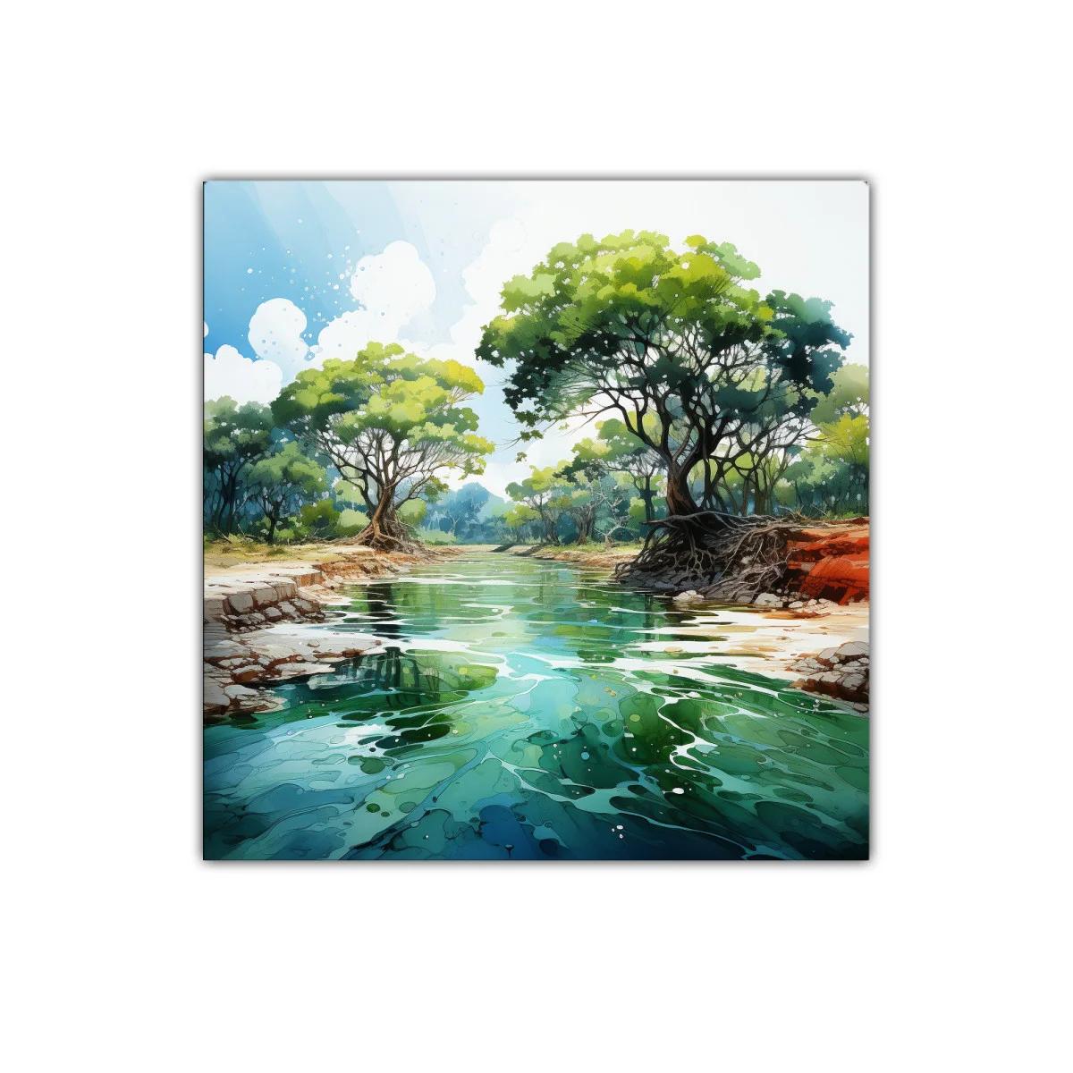 Paisaje natural con río y árboles frondosos verdes