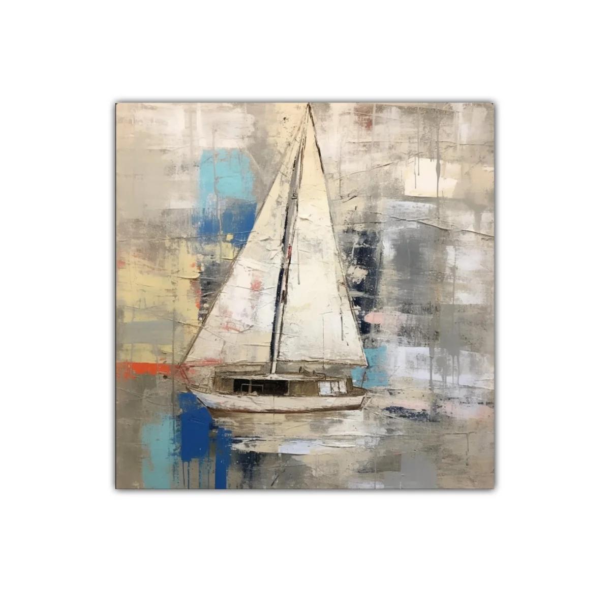 Cuadro decorativo con velero en tonos cálidos y azules — imagen principal