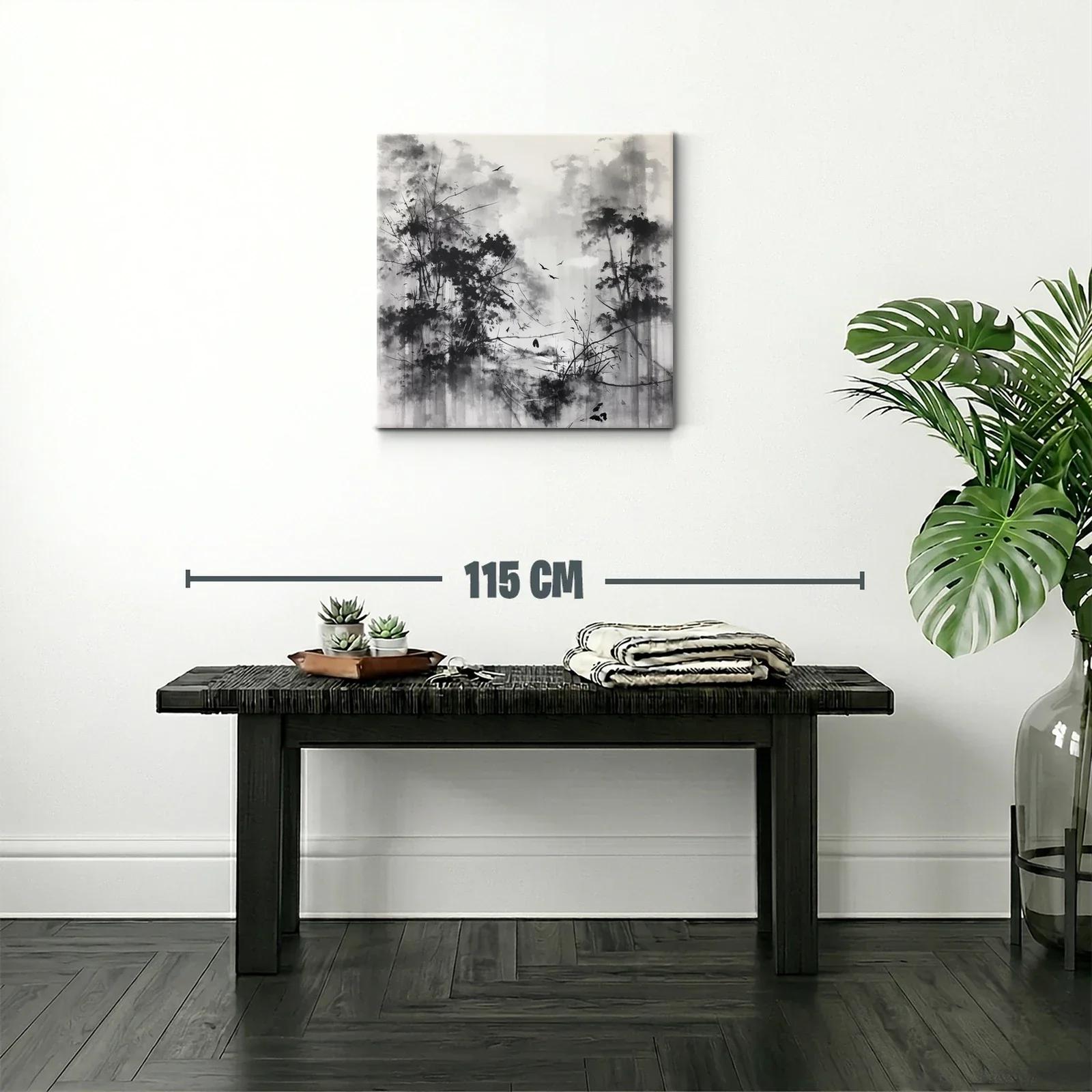 Bosque brumoso con aves en tonos grises y negros — miniatura 2