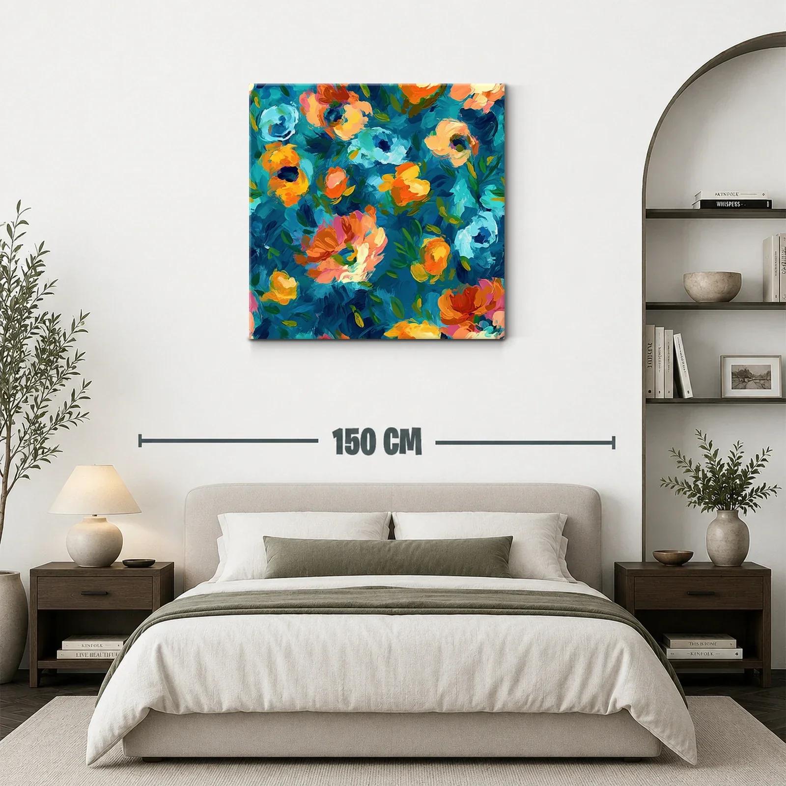 Cuadro floral vibrante con tonos azules y naranjas — miniatura 3
