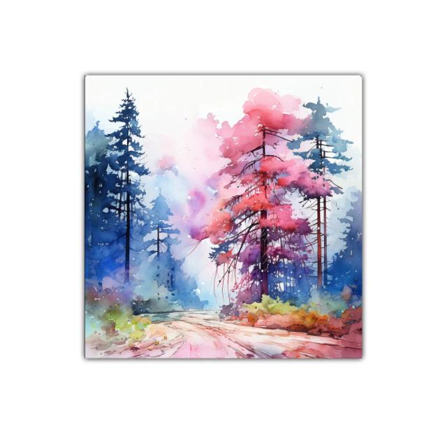 Paisaje natural con árboles vibrantes en tonos rosas y azules