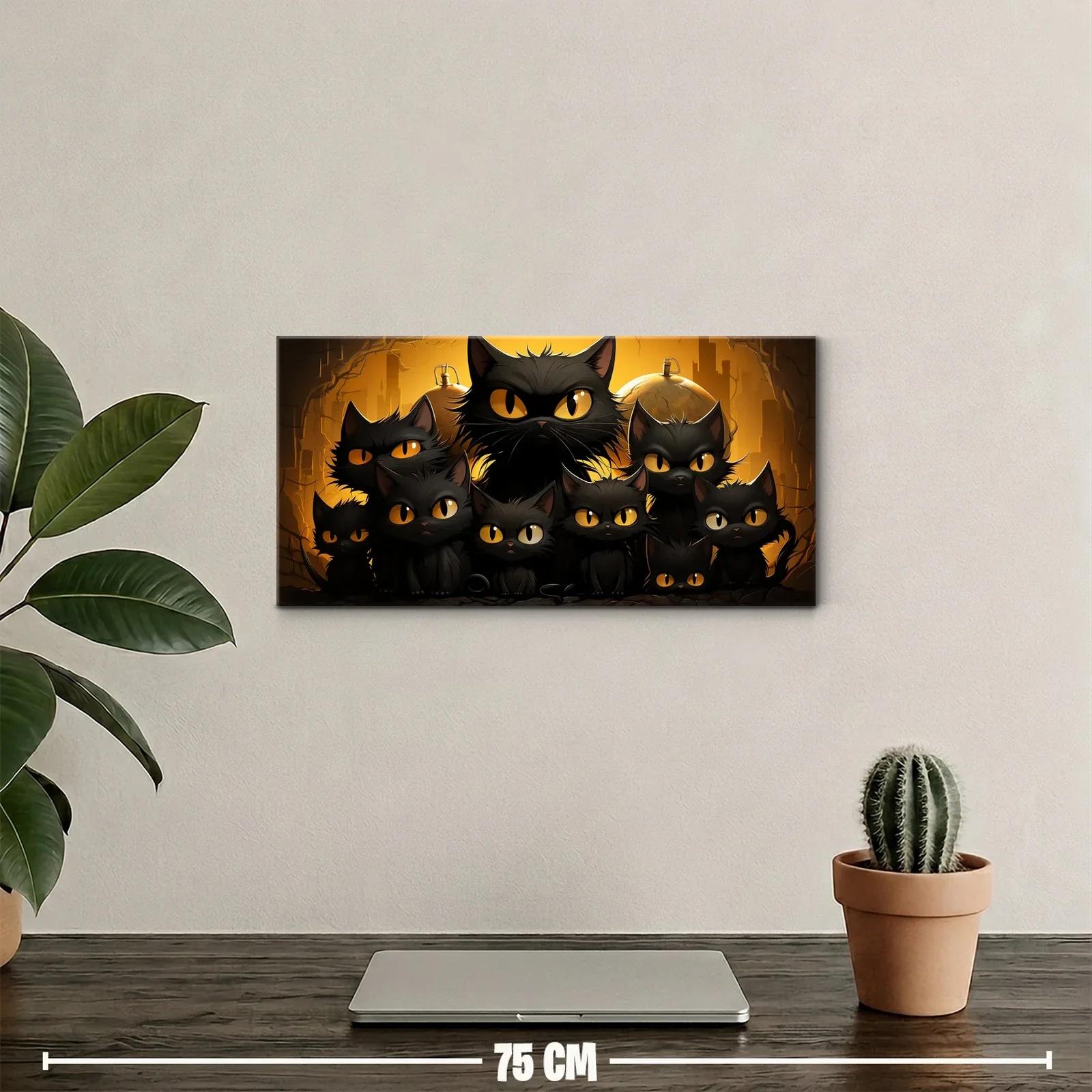 Cuadro grupo de gatos negros con luna redonda luminosa — miniatura 2