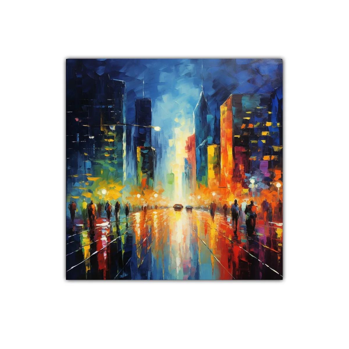Ciudad vibrante al anochecer con reflejos de colores intensos