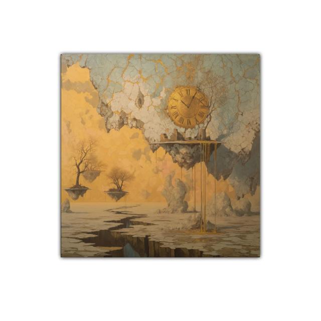 Reloj dorado en paisaje surrealista con árboles flotantes