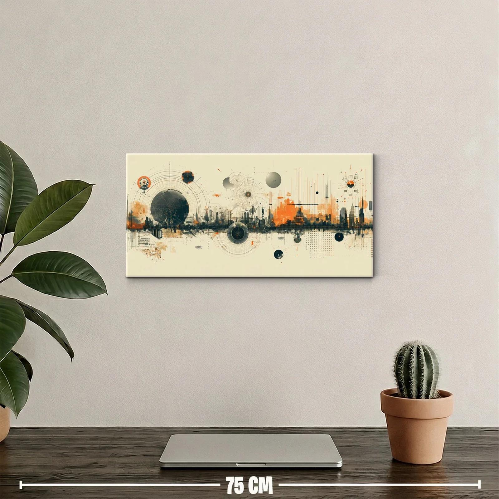 Cuadro skyline abstracto con anillos y grafismos técnicos — miniatura 2
