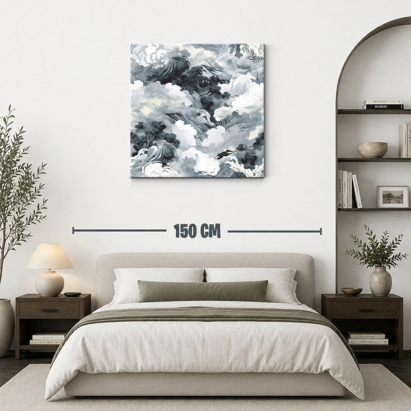 Cuadro abstracto con formas de nubes y árboles en tonos grises — miniatura 3