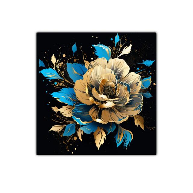 Flor elegante en tonos azules y dorados sobre fondo oscuro