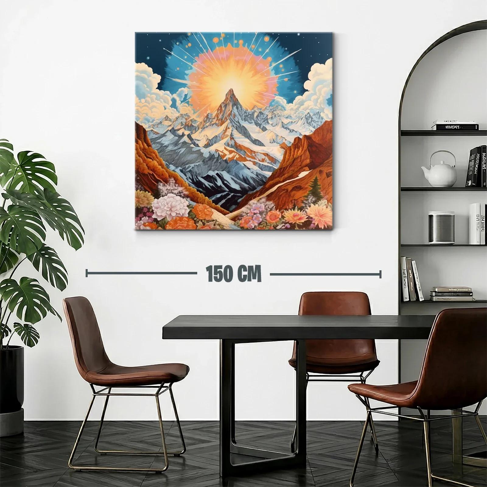 Montaña majestuosa con sol radiante y flores vibrantes — miniatura 2