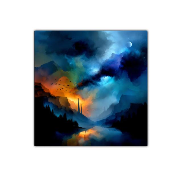 Paisaje surrealista con luces dramáticas y cielo estrellado