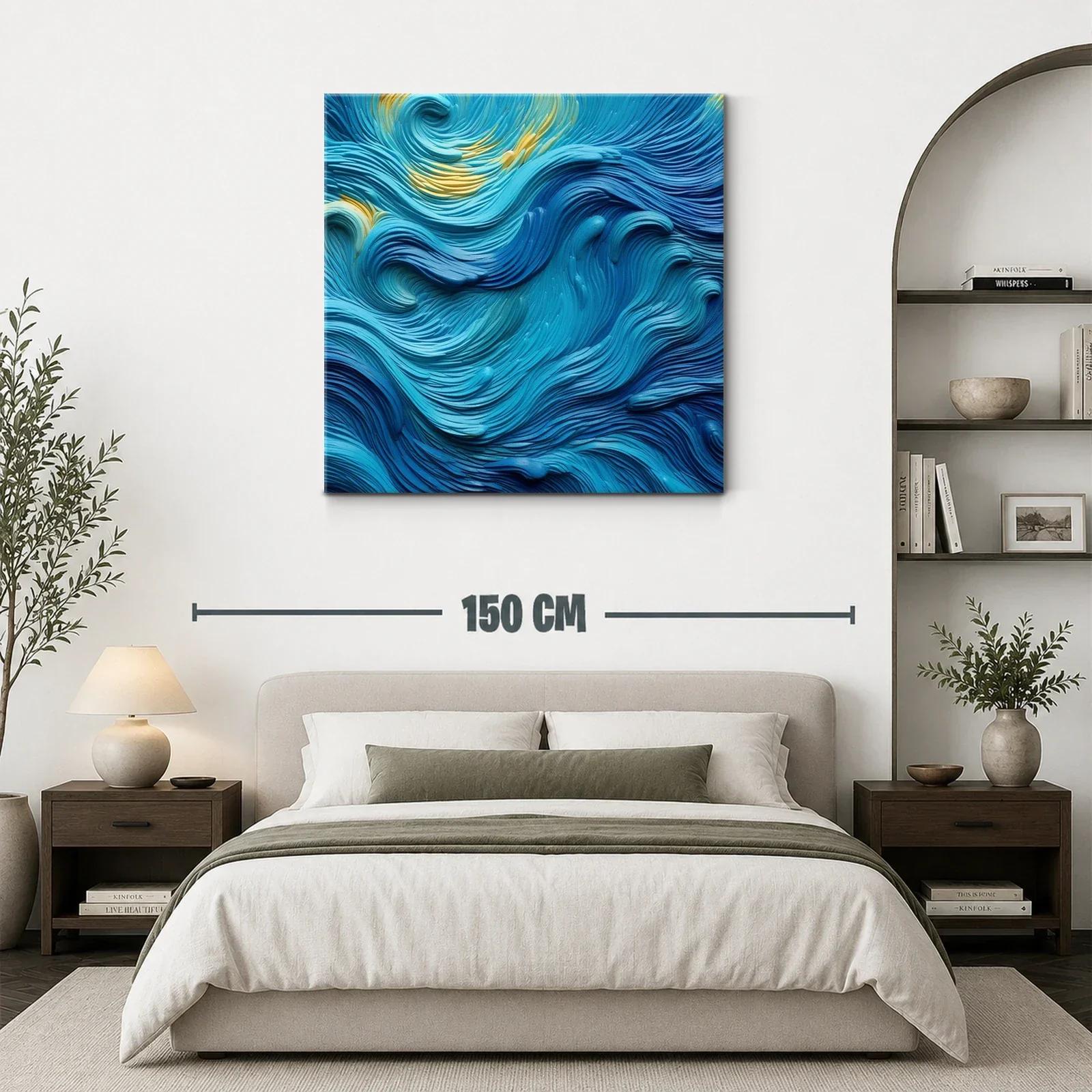 Cuadro abstracto con ondas en tonos azules y toques dorados — miniatura 3